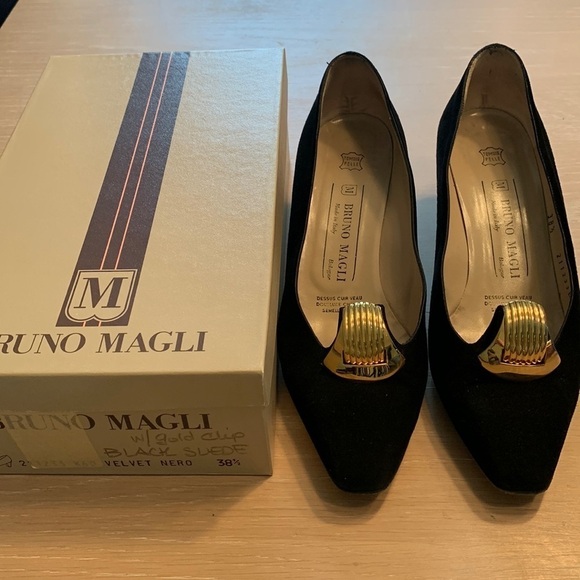 Bruno Magli Black Velvet Heels with Gold accents, EU Size 38.5=7.5 US light wear - Picture 1 of 11